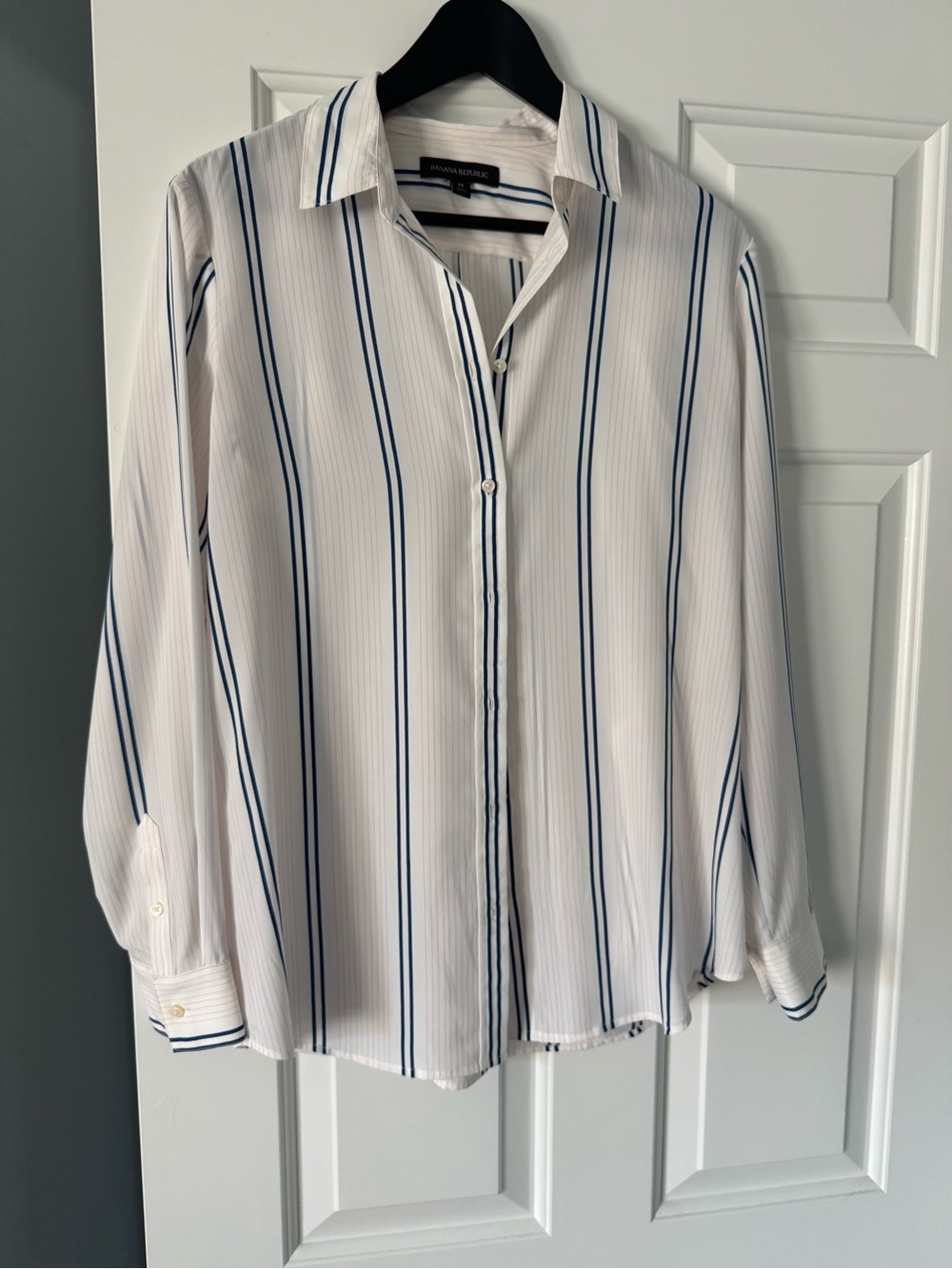 Banana Republic White Button-Up Blouse with Navy Stripes